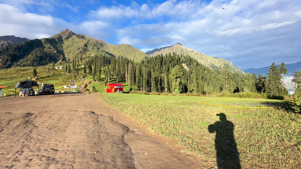 A sunny meadow, scattered cabins and tall pines beneath mountain slopes