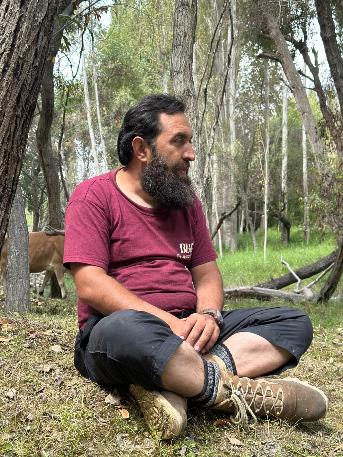 Abdullah sitting quietly among trees in a green forest